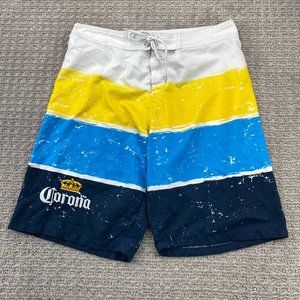 Vintage Corona Extra Beer Swim Trunks Men Medium M White Yellow Blue Stripes 90s